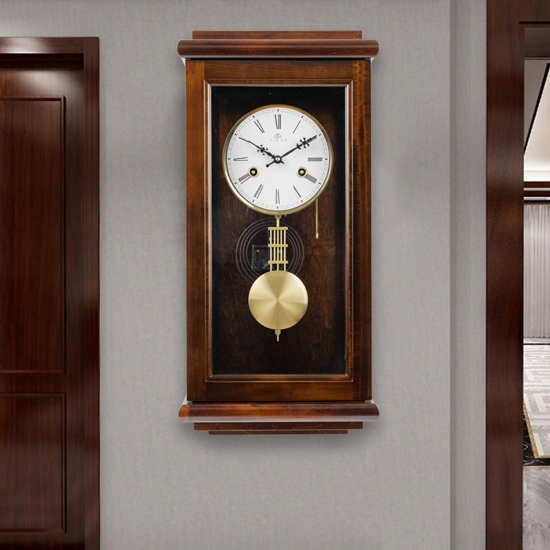 铜机芯机械挂钟中式实木s发条钟表客厅复古家用机械钟老式报时挂