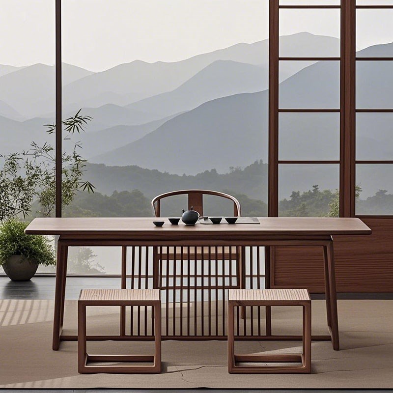 新中式茶桌椅g组合实木办公桌休闲黑胡桃书桌名宿茶台白蜡木茶桌