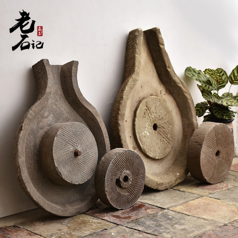 长嘴磨盘石槽流水摆件组合v庭院花园水景老石磨荷花景观旧石头鱼