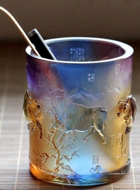 古法琉璃五牛图笔筒桌面摆件招财客厅办公桌高档摆设送老外送师长