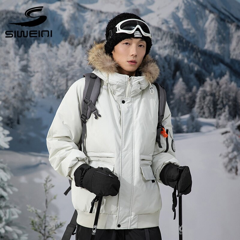 思威琪户外风毛领连帽羽绒服男冬季防风保暖滑雪派克服白色外套