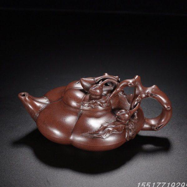 回流寿桃汪寅仙紫泥壶古董古玩茶壶老紫砂壶客厅摆件300cc