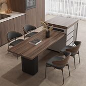 岛台餐桌一体可伸缩家用大户型意式 极简黑胡桃木岩板餐中岛台