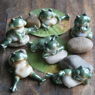 包邮创意可爱陶瓷小青蛙套装摆件迷你盆景装饰品鱼缸布景拍摄道具