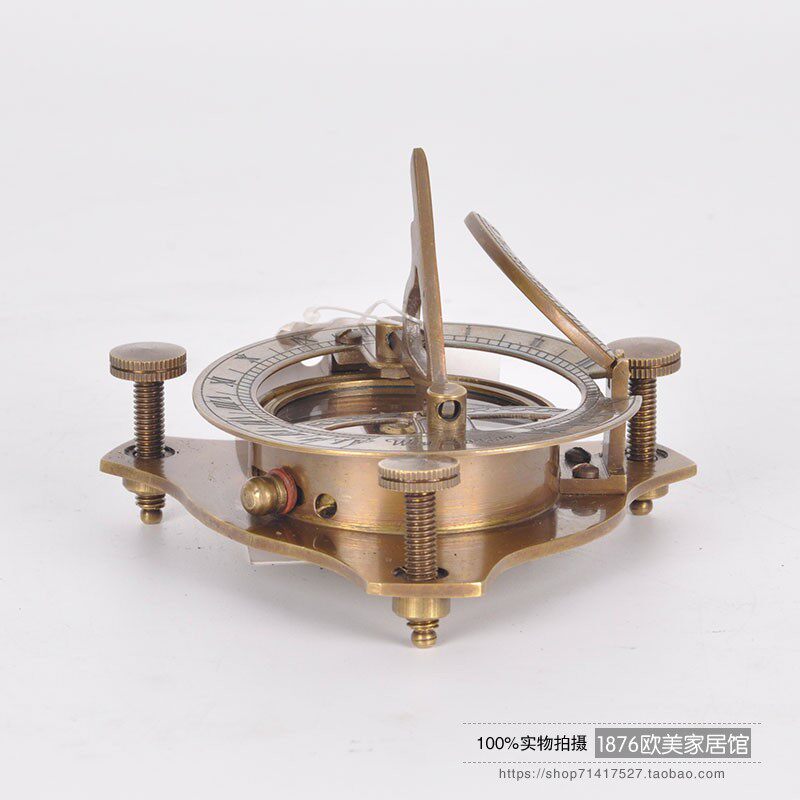 印度进口纯铜手工日晷罗盘指南针复古怀旧创意软装礼品收藏摆件