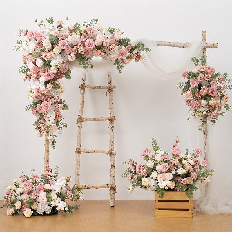 粉色拱门花艺定制婚礼背景壁挂花三角花排路引摆花迎宾区仿真花卉