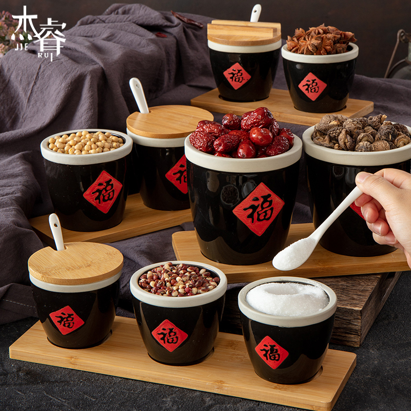 特色餐厅面馆调味摆台缸家用厨房佐料储物调料带盖勺陶瓷组合套装