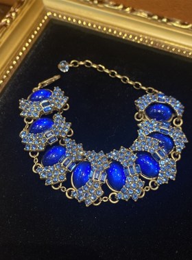 西洋中古铜镀18做旧复古金色搭配莱茵石宝蓝色琉璃奢华款手牌手链