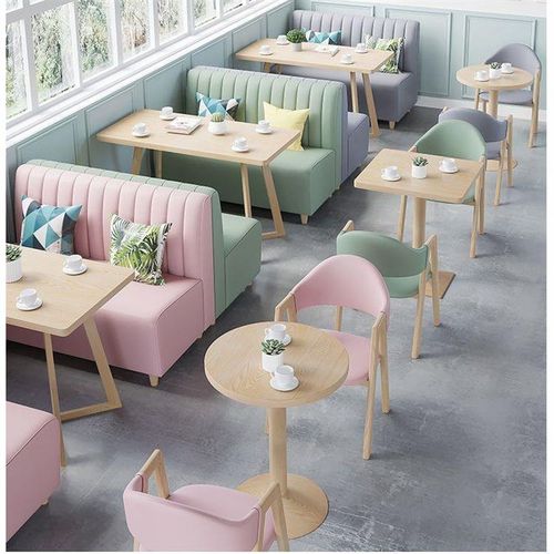 简约奶茶店桌椅组合清新甜品小吃汉堡快餐店靠墙卡座沙发餐厅家具