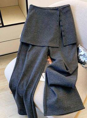 慵懒通E勤风直可屁帘呢阔腿卸ZUT裤季女装冬加毛绒加FS厚灰色筒休
