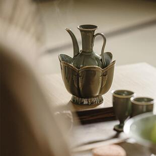 刻耀州窑莲花分纯手31117工仿宋雕刻陶瓷梅青子酒壶执束壶酒器手