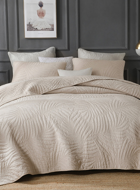 纯白色叶子双面绣花绗缝被三件套B夹棉床盖双人床单床罩夏凉空调