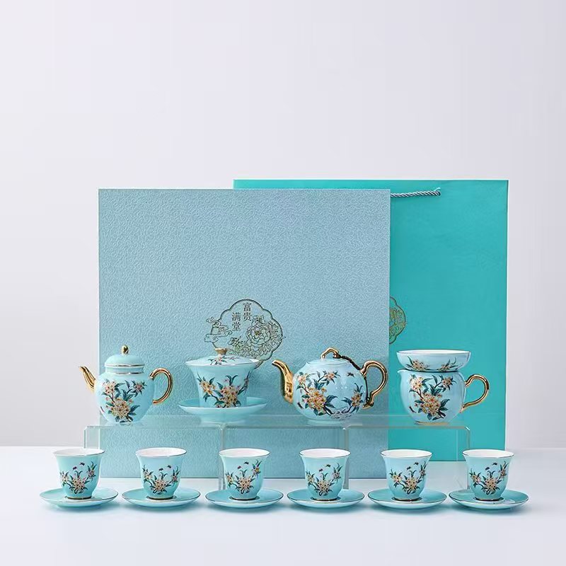 新款国瓷夫人瓷西湖蓝茶具套装