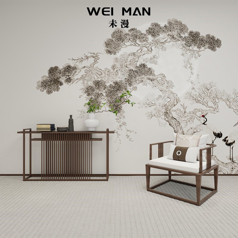 新中式松鹤延f年松树圆月仙鹤壁纸客厅电视背景墙纸卧室茶室墙布