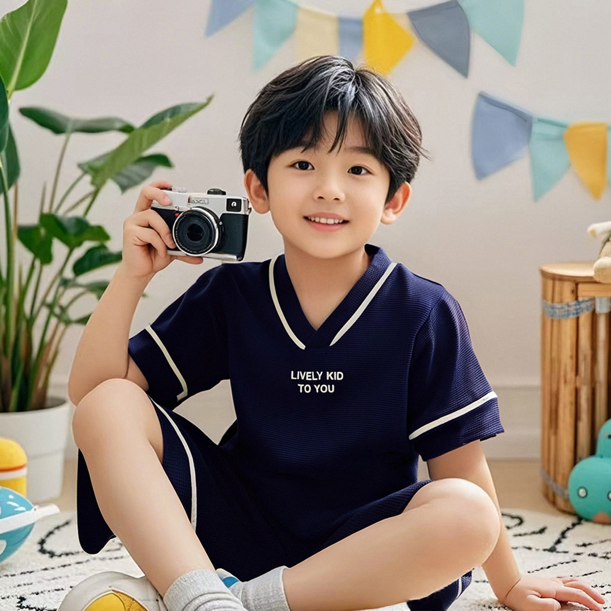 儿童夏季洋气韩版短袖男童套装女童宽松华夫格薄款中大童家居服