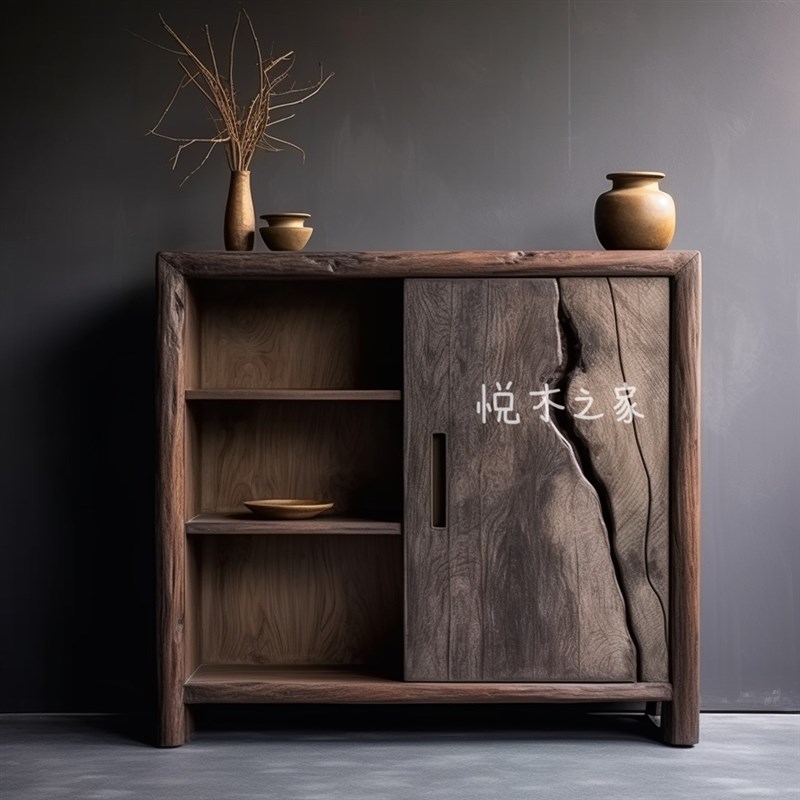 侘寂风边柜复古茶水柜玄关柜实木茶叶柜实木展示柜民宿收纳置物柜