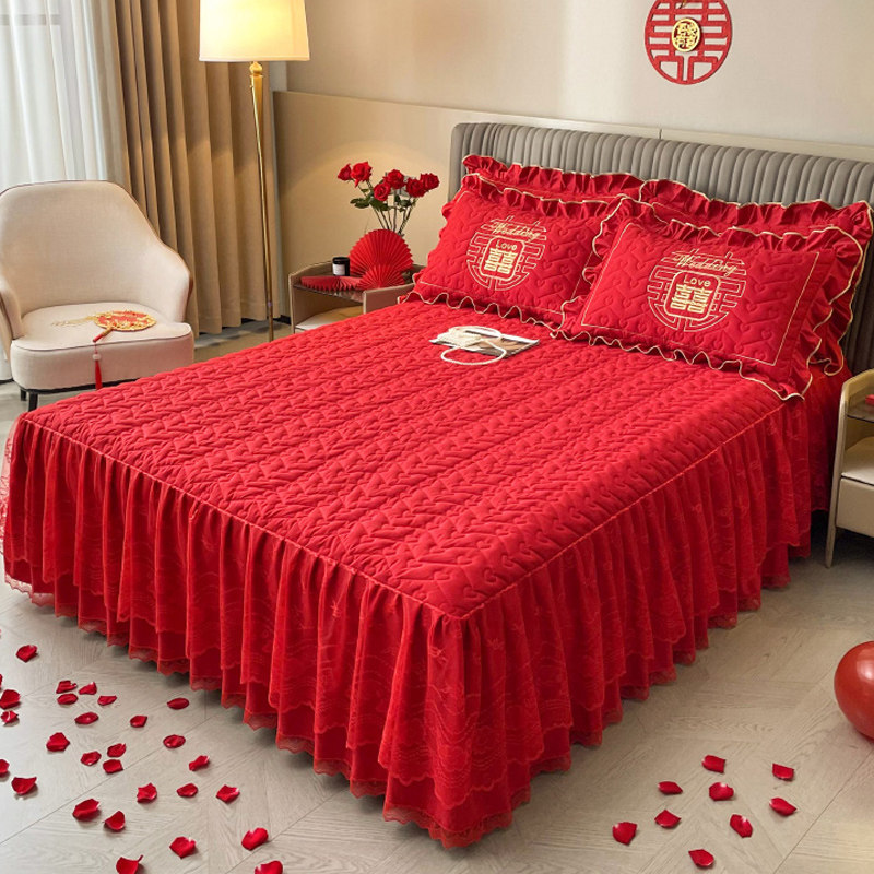 婚庆大红色床裙单件结婚用床罩夹棉床单床盖高级感花边床套四季款