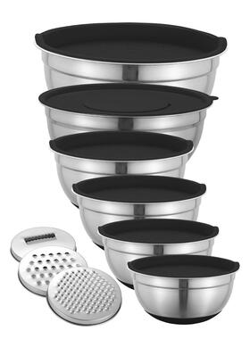 不锈钢沙拉盆底其OAM盆黑色硅卡胶防滑带盖带刨丝打蛋套装烘焙搅