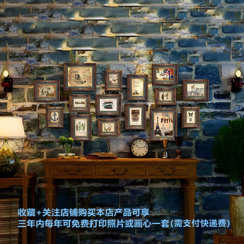 美式照片墙客厅餐厅装饰画实木复古相框免打孔画框组合挂墙背景墙
