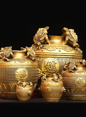 聚财四方纳铜缸铜纯宝盆缸摆件金蟾客厅办公室桌面开业礼品