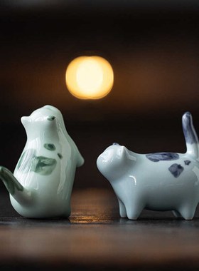 创意可爱小花猫猪陶瓷摆件茶宠可养家居客厅茶室桌面布景装饰摆设