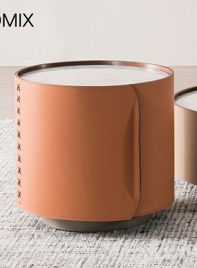 FOMIX 意式极简马鞍皮边几大理石椭圆形内置储物橙色小茶几床头柜