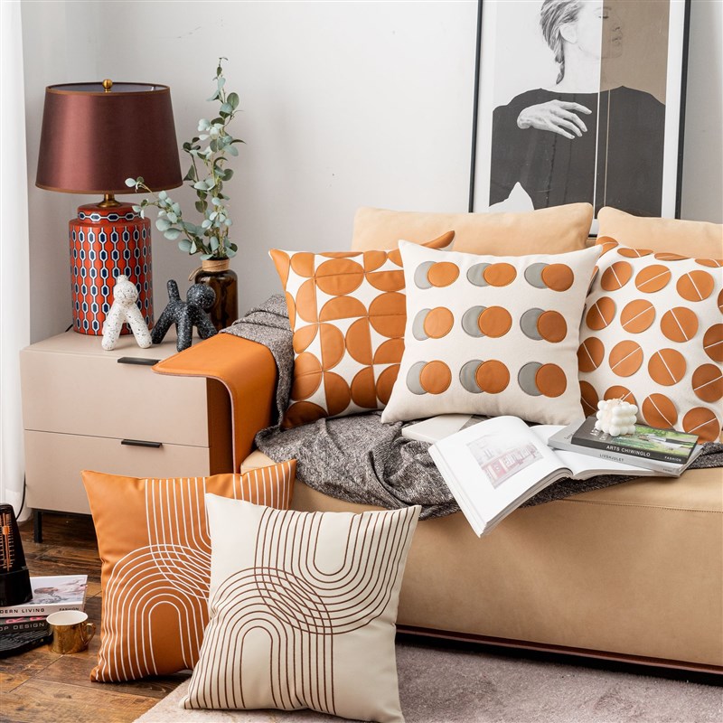 欧美轻奢ins风橙色仿皮创意抱枕套 别墅装饰几何艺术靠枕靠腰