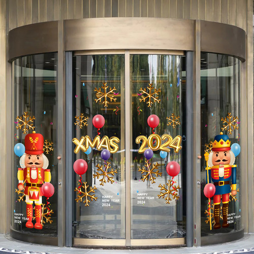 耶诞节卡通玩偶胡桃夹子装饰玻璃门贴纸2024元旦氛围布置窗花静电
