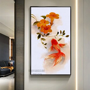 入户玄关竖版钻石画满钻客厅中式水墨锦鲤贴钻十字绣花卉砖石绣