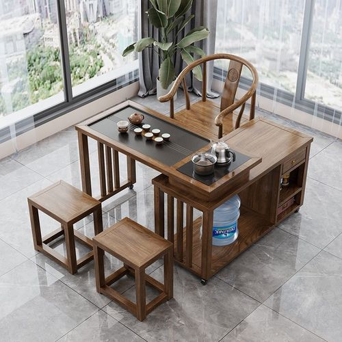 实木茶桌旋转式茶台阳台小户型移动1米1.2米桌椅组合橡胶木带烧水