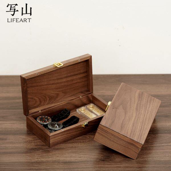黑胡桃木收纳盒桌面证件首饰杂物文玩展示盒带锁扣防尘整理盒