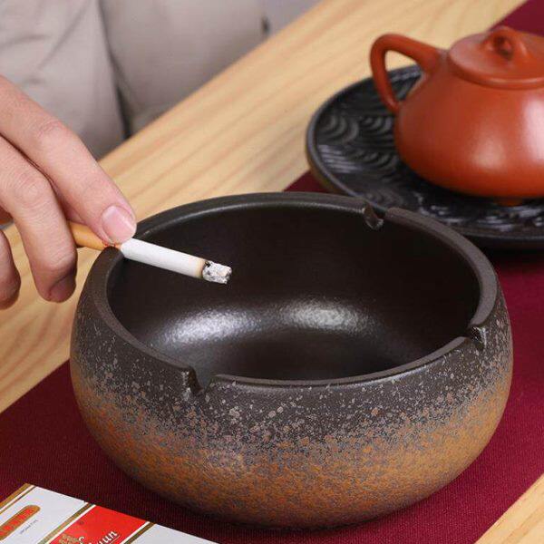 创意粗陶烟灰缸大码 中式时尚潮流小众办公大气架烟圆形 易洗烟缸