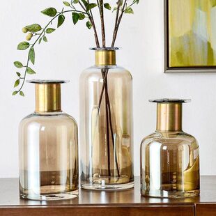 通透莹亮茶色铜环玻璃花瓶 桌面水培花器 家居装饰摆件