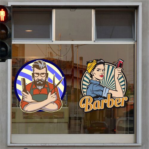 理髲店玻璃门彩色静电粘纸装饰自意发廊发型店铺PVC墙创贴定制