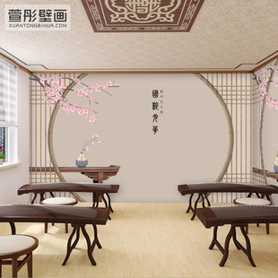 新中式窗格壁纸古筝教室墙纸少儿音乐艺术培训班古风背景墙布壁画