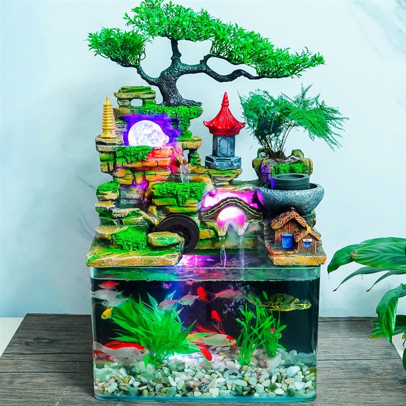 送水草大鱼缸假山流水风水轮摆件乔迁客厅养鱼喷泉装饰开业送礼品