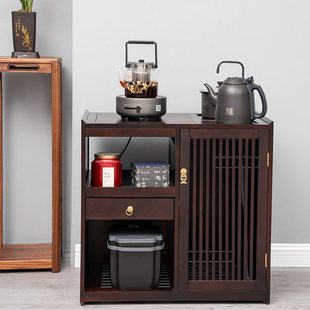 胡桃木茶水柜家用实木移动茶台茶桌边柜现代雅黑小茶几烧水壶一体