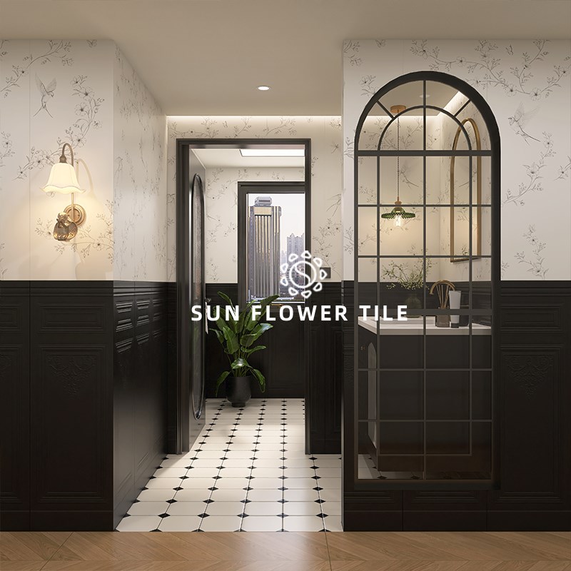 向日葵法式黑f白卫生间瓷砖墙裙护墙板奶油风燕子花砖阳台厨房地