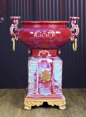 禹州钧瓷花瓶仿古手工陶瓷器开业乔迁庆典高档中式钧窑摆件聚宝盆