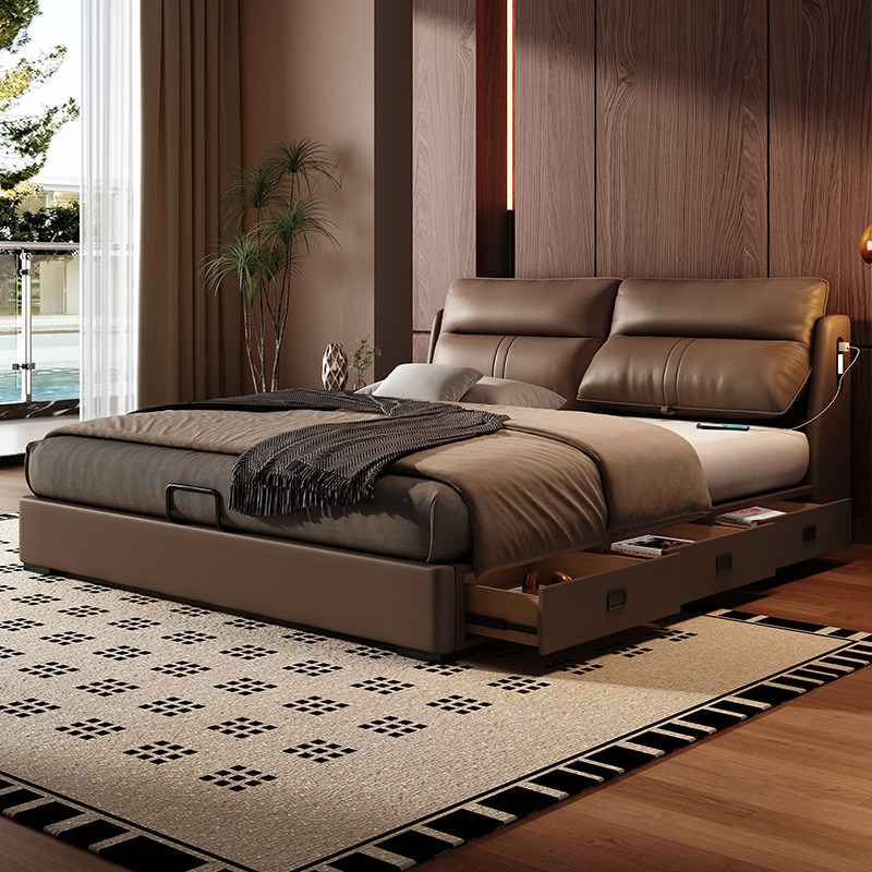 意式多功能真皮床2025s新款现代简约主卧双人床实木高箱抽屉储物
