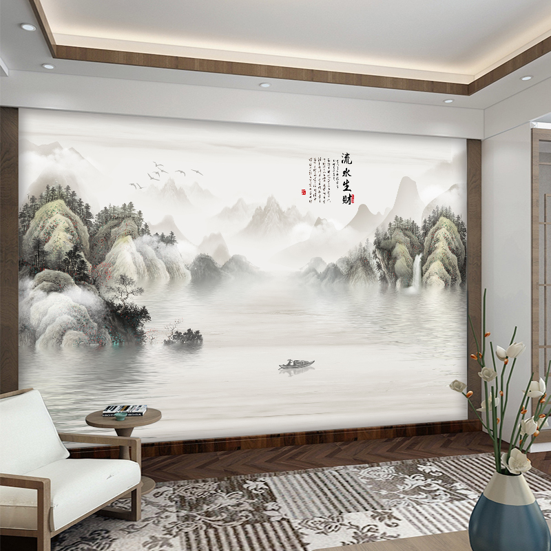 新中式18D客厅电视背景墙布x水墨山水画流水生财影视墙纸定制壁画