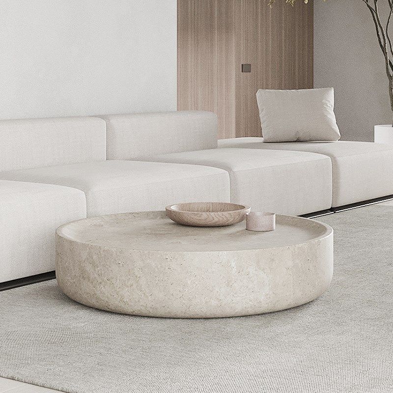 侘寂风圆形洞石茶几现代客厅家用咖啡桌简约设计师创意大理石矮几