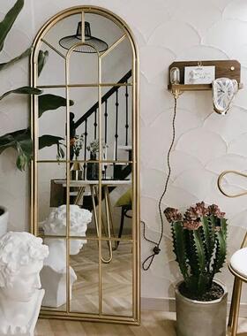 欧式铁艺假窗落镜RCY金色复轻奢全身镜地服装店墙面金属古装镜饰