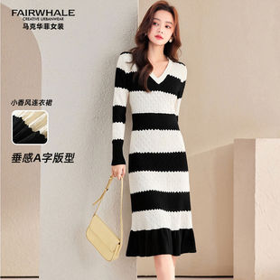 马克华菲女装条纹针织连衣裙女秋装中长款修身小个子显瘦连衣裙
