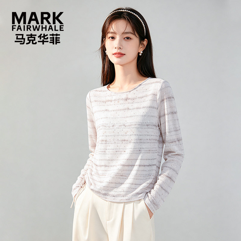 马克华菲女装条纹复古圆领长袖上衣女2026年新款春季针织气质小衫