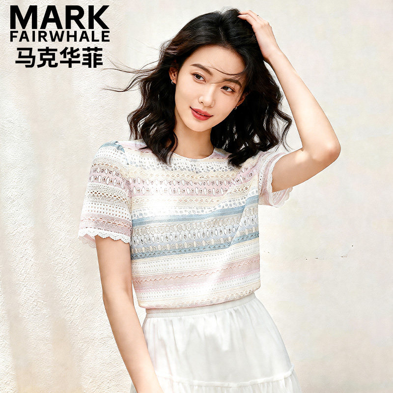 马克华菲女装复古条纹显瘦印花小衫女夏季新款蕾丝镂空套头上衣