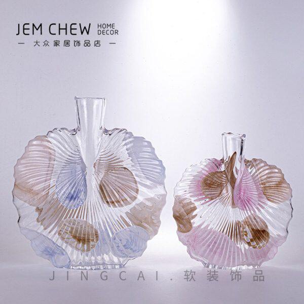 轻奢现代花纹创意扁形细口玻璃花瓶样板间售楼处客厅餐桌玄关卧室