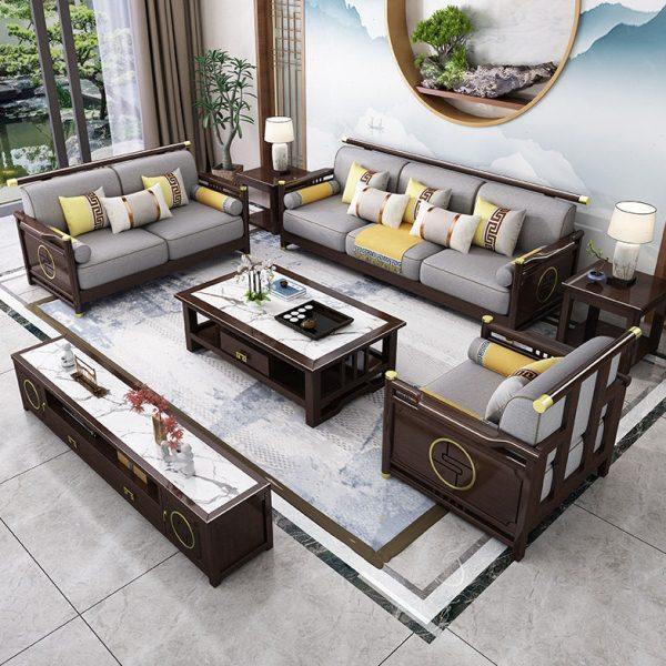 实木沙发组合 现代中式新中式   轻奢高端客厅木加布转角贵妃沙发