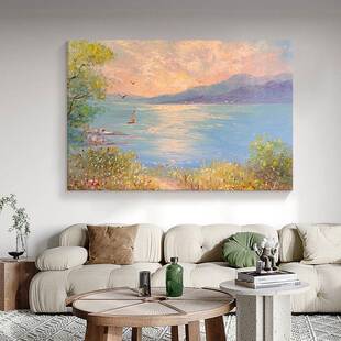 美式海上日出风景油画漆画厅横版大玄幅装饰壁画客关餐挂厅FM8891