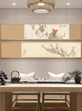 新中RRP式荷花戏鱼客厅禅原意装饰画景茶民宿背室墙壁画木风横版